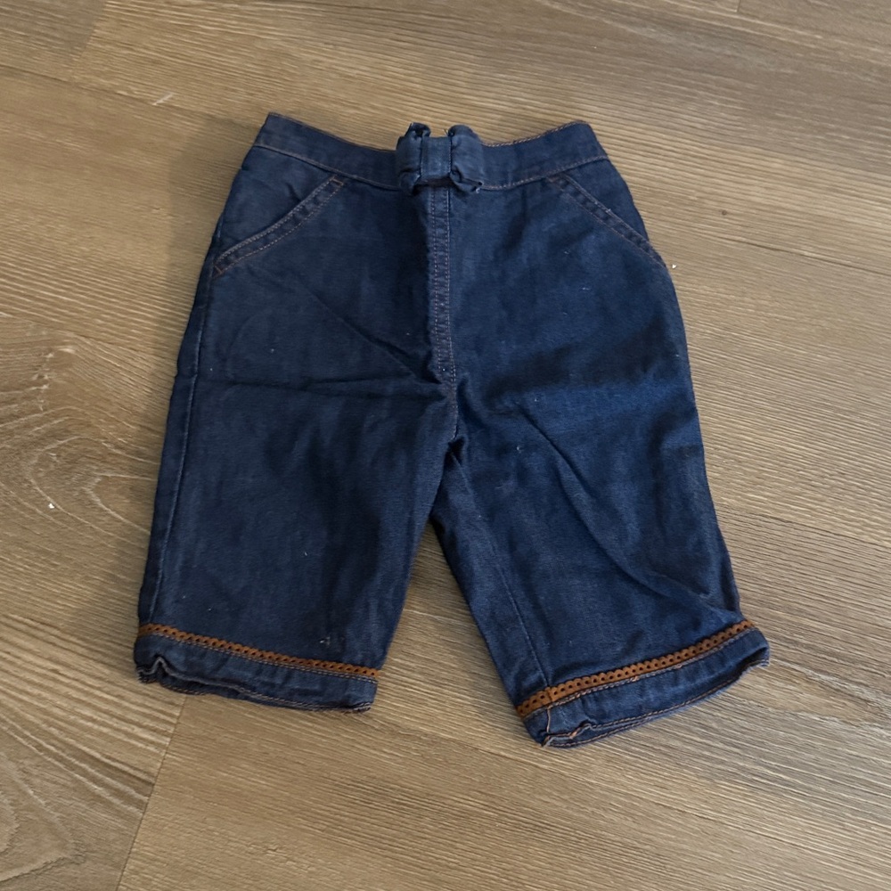 Jacadi baby blue jeans with pumpkin brown trim in soft denim size 6 months